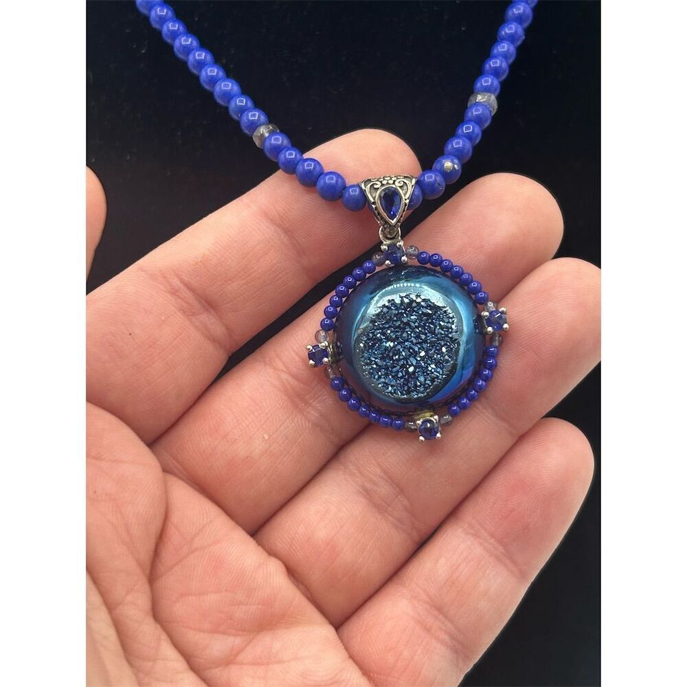 Blue Druzy Quartz Sterling Silver Pendant Necklace - Picture 2 of 3